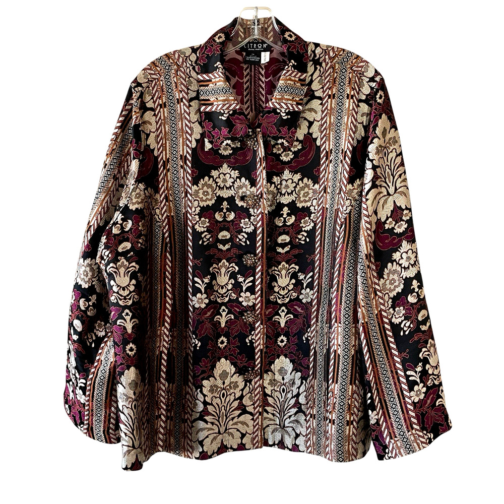 CITRON SANTA MONICA Women's Size 1X Black Purple Silk Blend Brocade Shirt Jacket